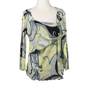Vintage Y2K Simply French yellow and grey floral swirl mesh wrap top M